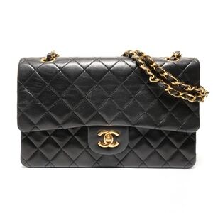 CHANEL Double Flap Matelasse 25 Lambskin Chain Shoulder Bag, Black, 1989-1991...